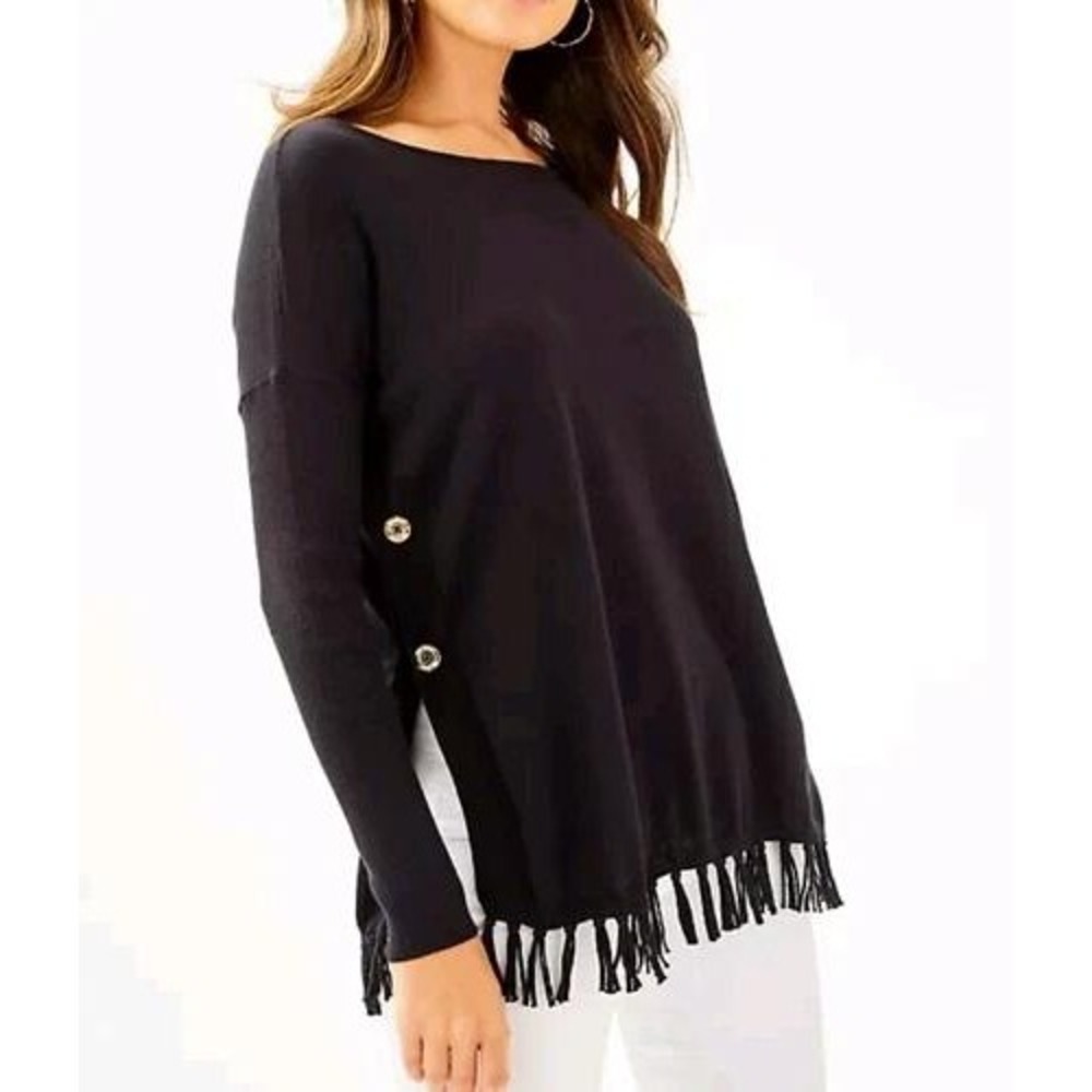 Lilly Pulitzer Ramona Fringe Black Coolmax Tunic Sweater Gold Buttons XS